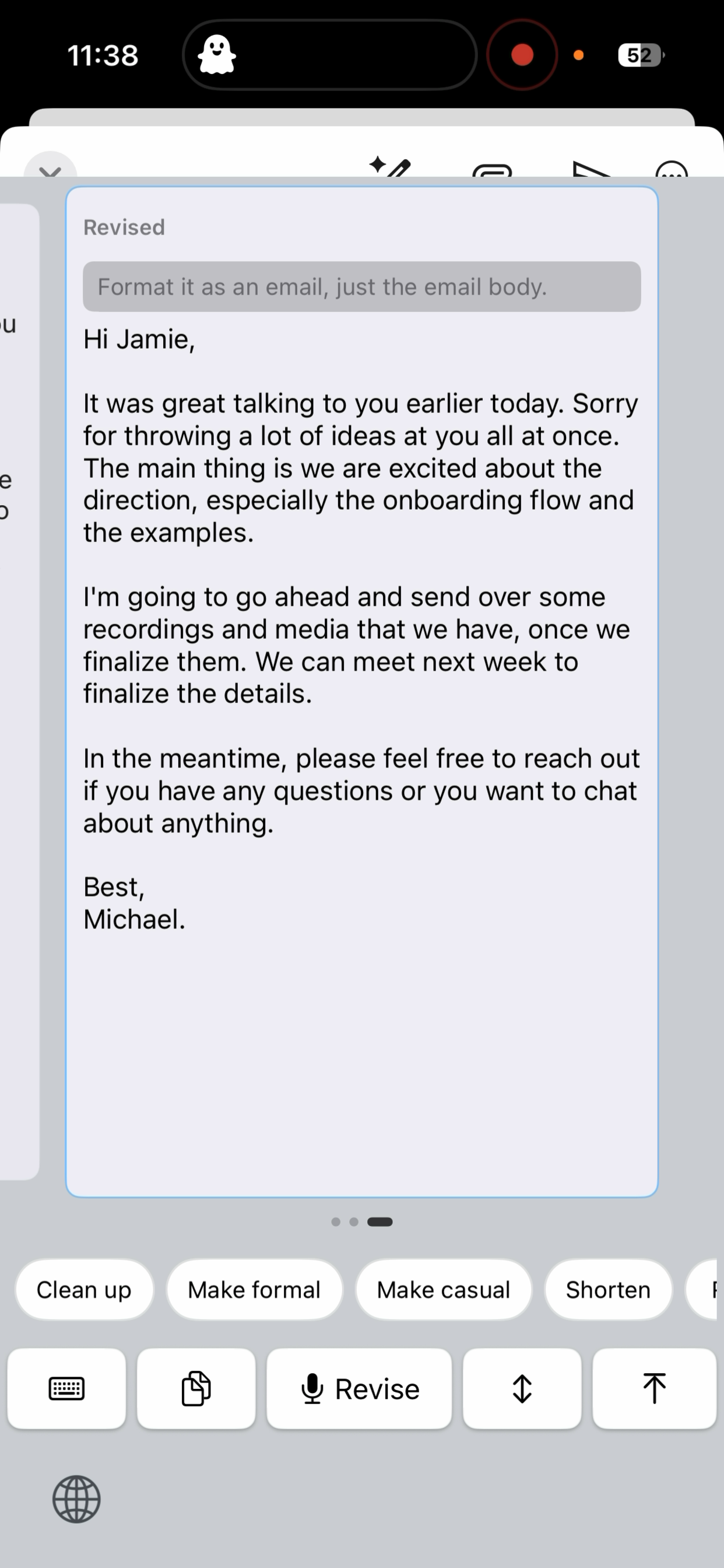 GhostSpeech dictation preview in Gmail
