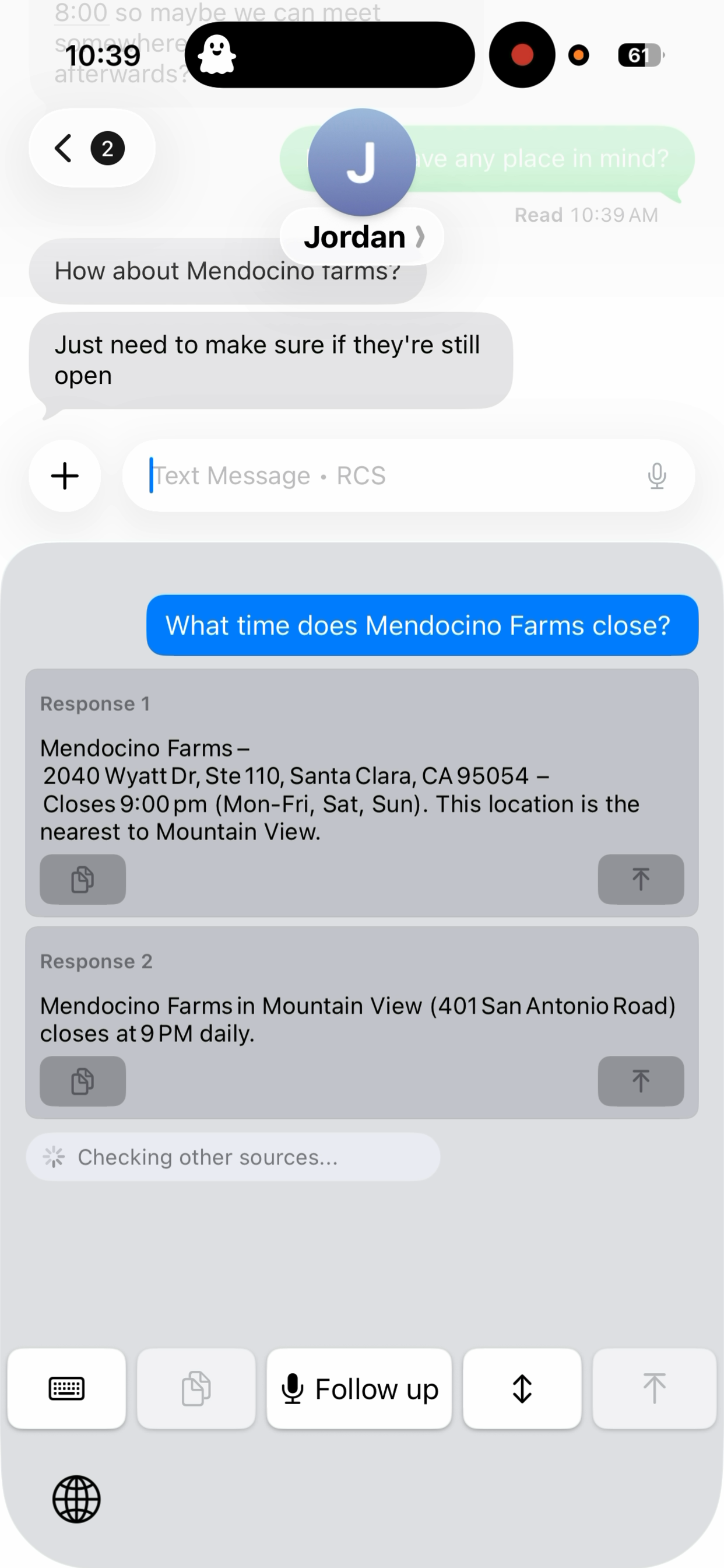 GhostSpeech Ask answer shown above the keyboard in iMessage